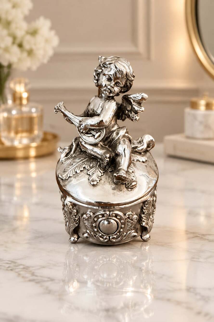 Vintage Ornate Cherub Trinket Box Silver tone